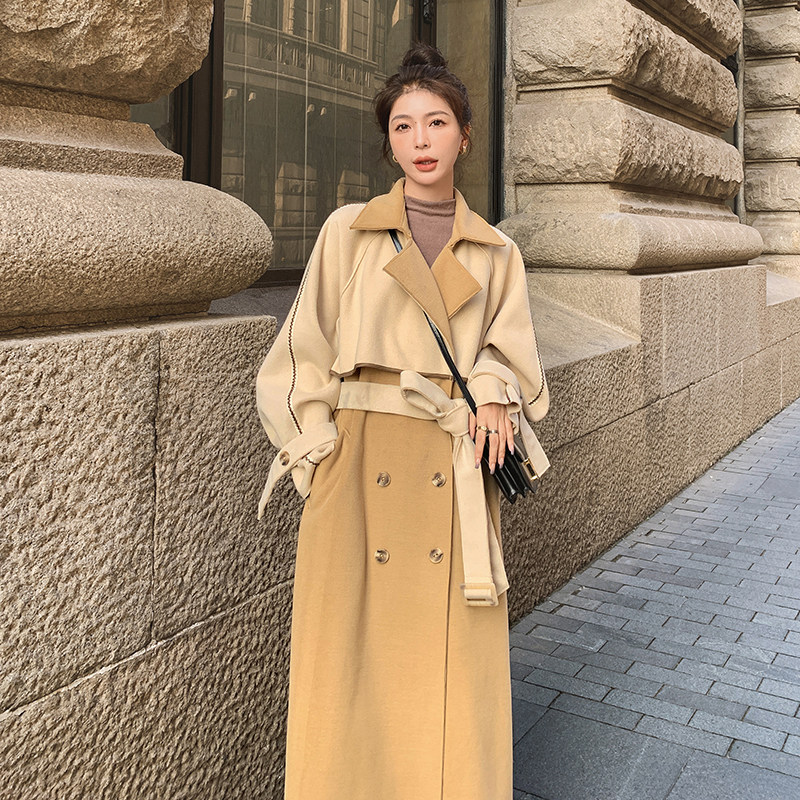 卡其色拼色双面羊绒大衣女秋冬新款韩系高级感中长款过膝毛呢外套,女装毛呢外套,2C018