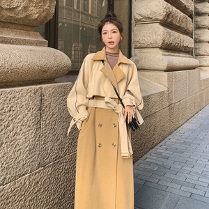 卡其色拼色双面羊绒大衣女秋冬新款韩系高级感中长款过膝毛呢外套图片