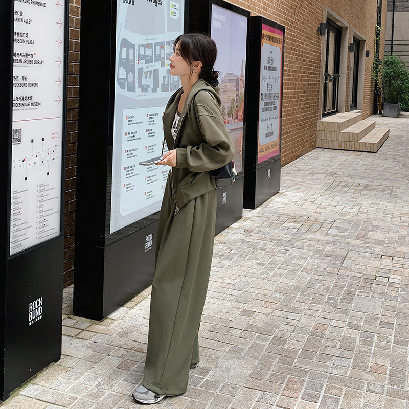 韩系休闲时尚连帽开衫卫衣套装女2025春秋季新款显瘦阔腿裤两件套,女装套装/套裙,2C206