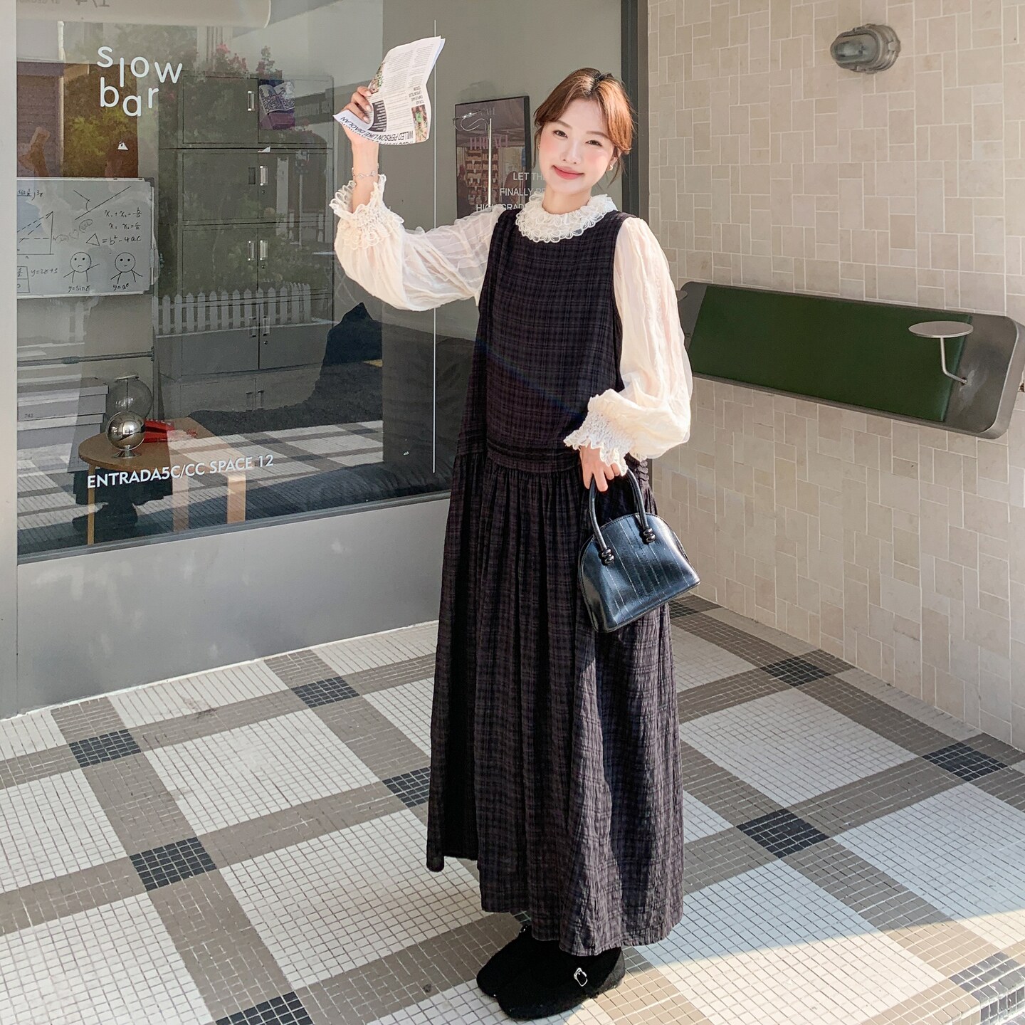 秋新款赫本风蕾丝上衣+黑色格子连衣裙两件套2C375-576-P175-K258,女装套装/套裙,2C375