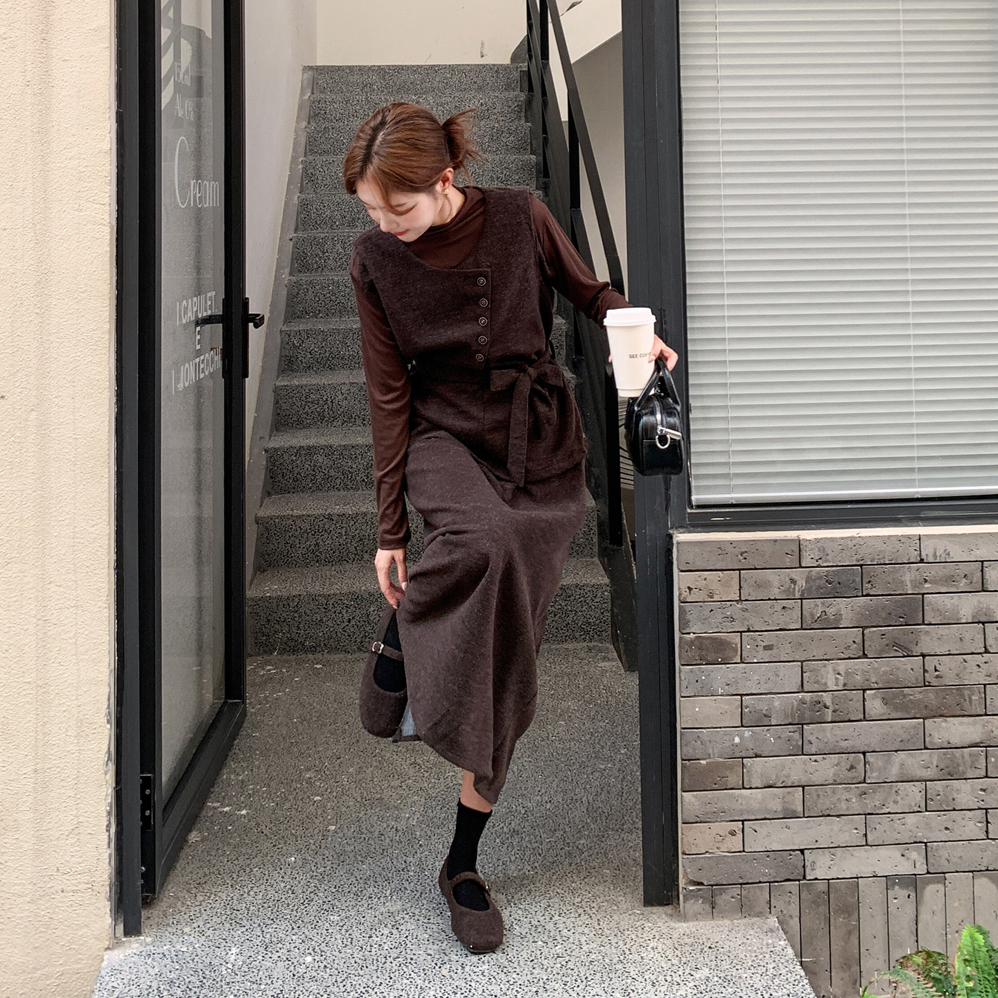 深咖色美拉德时髦穿搭套装裙女秋季2025新款马甲内搭半身裙三件套,女装套装/套裙,2D078