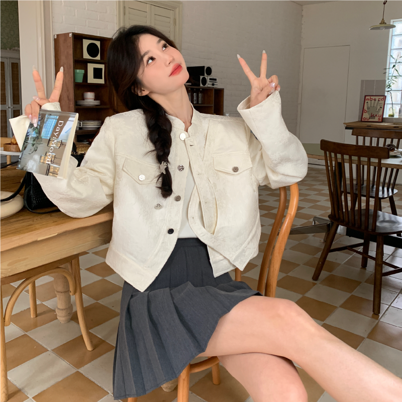 法式提花白色小香风短外套女春秋2025新款韩系小个子机车服爆款,女装短外套,2D146