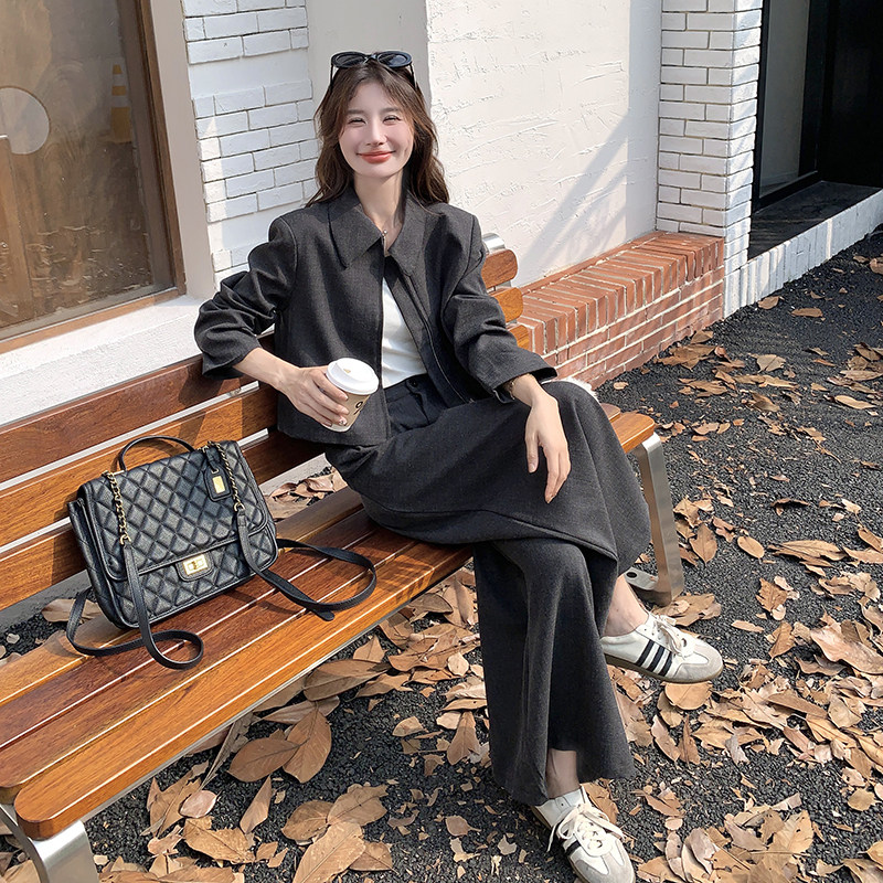 高级感深灰色减龄小香风套装女2025秋季韩系百搭外套阔腿裤两件套,女装套装/套裙,2C277
