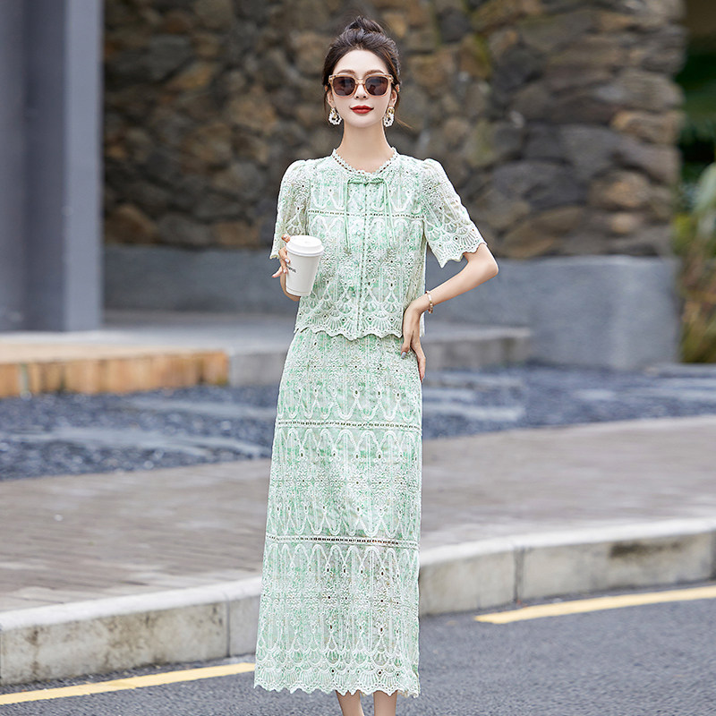 改良旗袍套装裙女2025夏季新款气质高级感小香风蕾丝连衣裙两件套,女装连衣裙,蓝朵琳