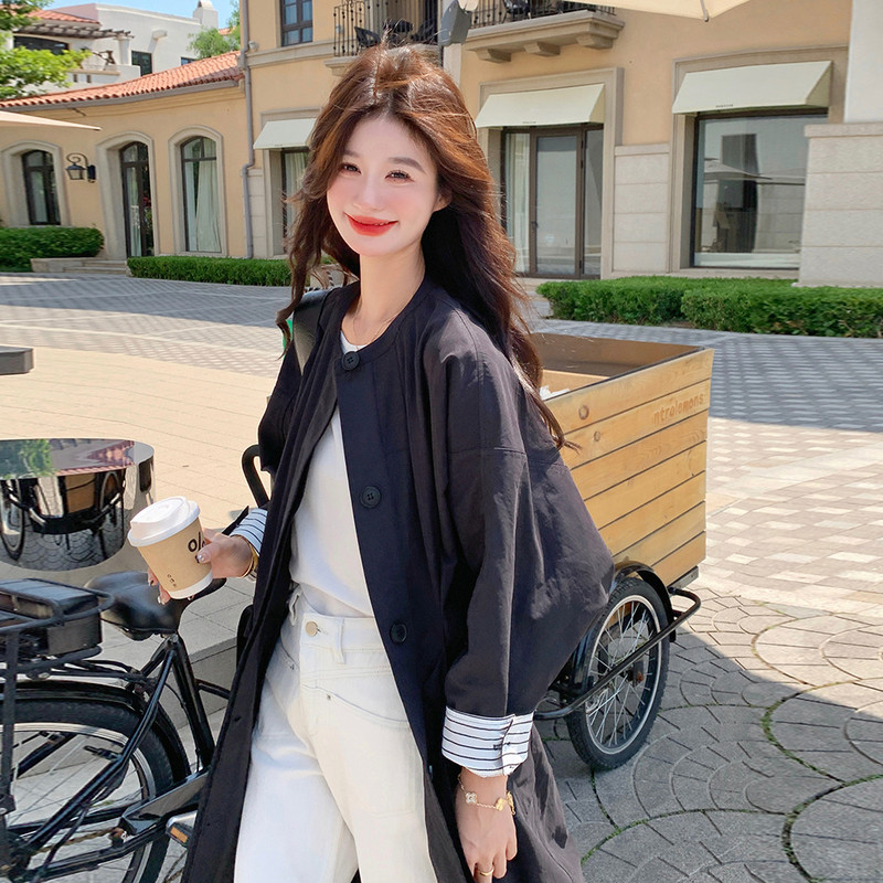 高级感撞色拼接黑色长款风衣外套女春秋2025新款收腰显瘦大衣流行,女装风衣,2C016