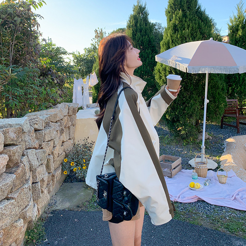 撞色拼接冲锋衣外套女2025年春秋新款韩版小个子宽松休闲夹克上衣,女装短外套,2C198
