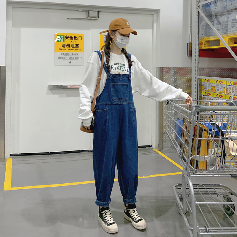 背带裤常规款连体裤褶皱女牛仔裤秋季时尚阔腿外穿大码春秋显瘦,女装连体裤,2C170