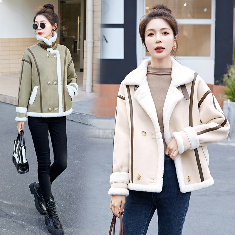冬季宽松鹿皮绒羊羔毛外套女2022皮毛一体百搭立领机车服加绒加厚，女装棉衣/棉服，自然秀图片