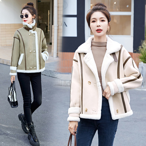 冬季宽松鹿皮绒羊羔毛外套女2022皮毛一体百搭立领机车服加绒加厚，女装棉衣/棉服，自然秀图片