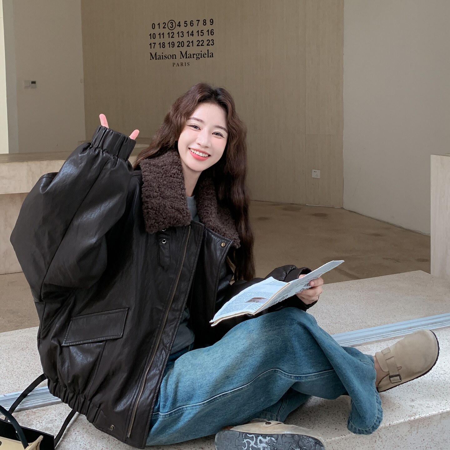 棕色羊羔毛领pu皮羽绒服外套女秋冬2025新款短款机车服夹克上衣,女装羽绒服,2C321