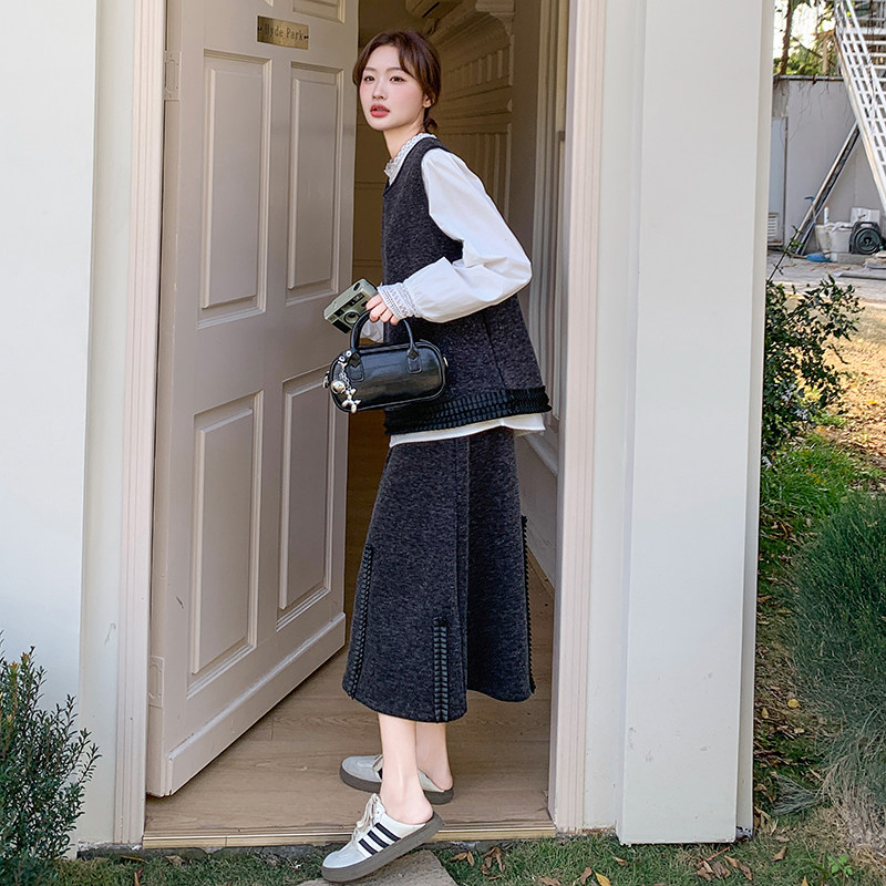 高级感马甲背心花边领泡泡袖衬衫三件套女春季高腰韩系大摆裙套装,女装套装/套裙,2C166