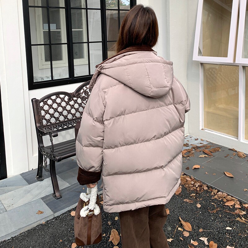 灯芯绒拼接连帽羽绒服女冬季新款小个子韩系加厚90白鸭绒保暖外套图片