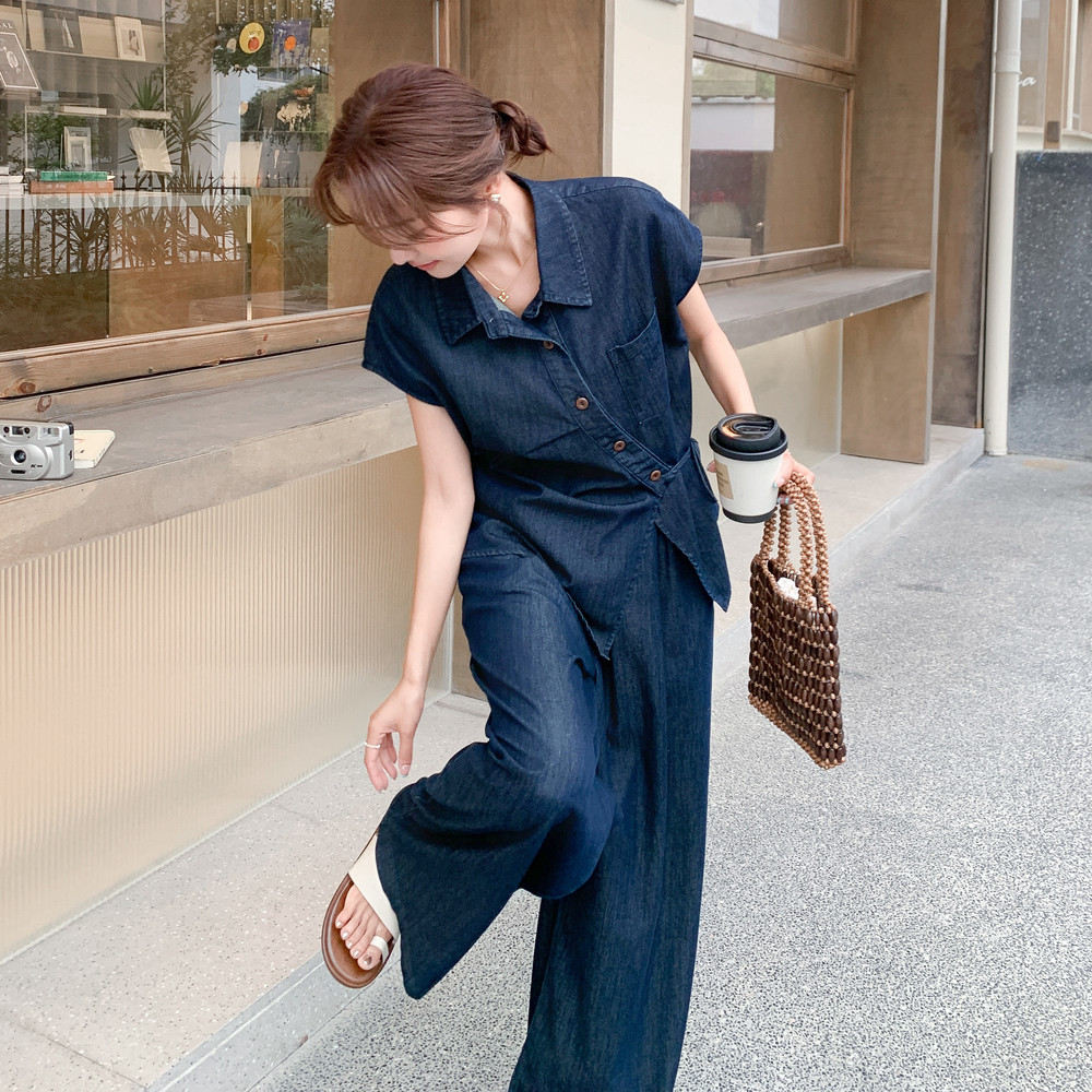 深蓝色不规则牛仔衬衫阔腿裤套装2025新款女夏韩系chic别致两件套,女装套装/套裙,2C375