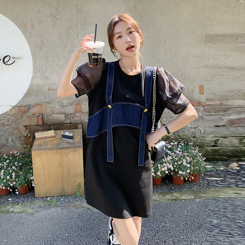 牛仔拼接假两件连衣裙女夏2024新款小众宽松洋气设计感休闲T恤裙,女装连衣裙,2C098