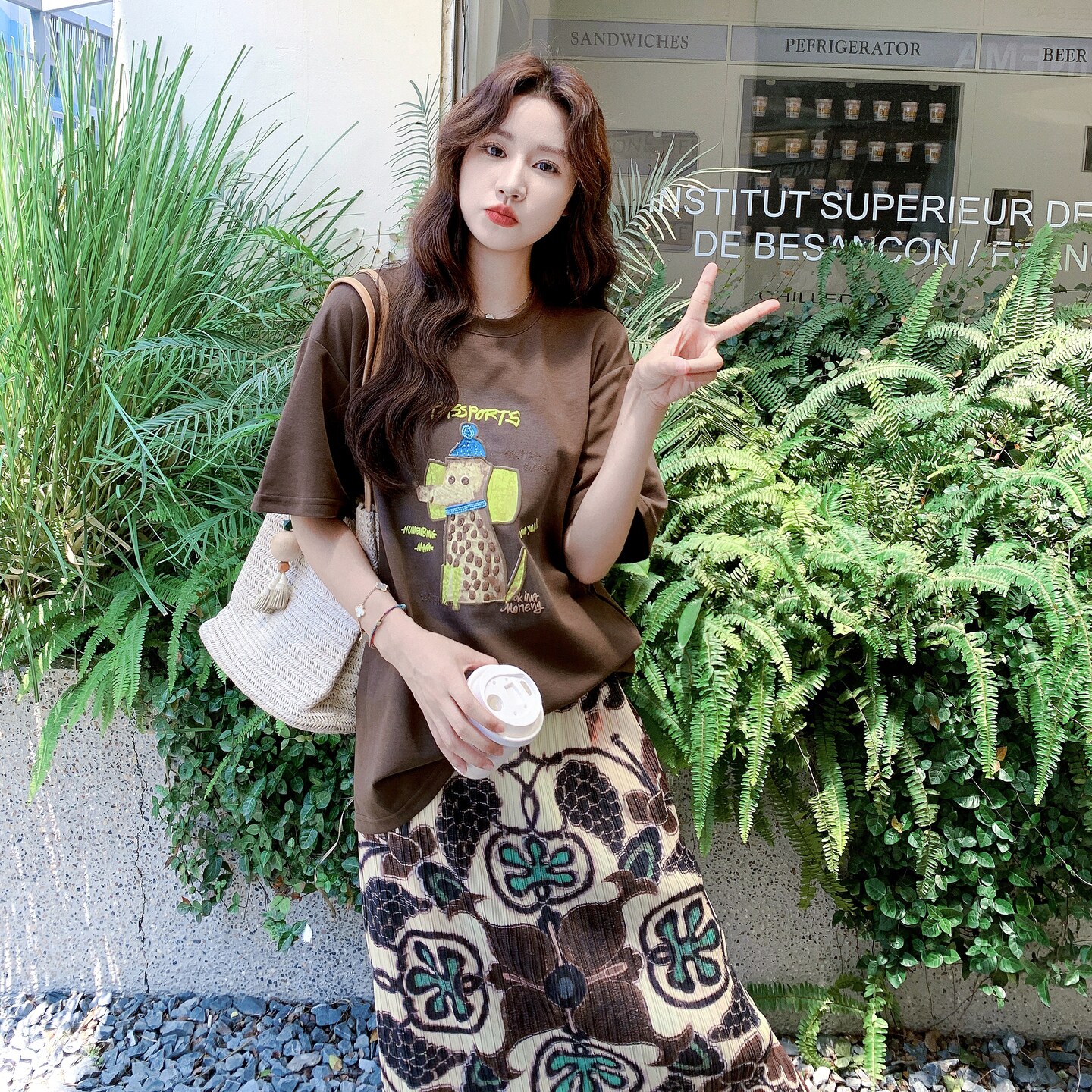 卡通印花T恤碎花半身裙套装女夏大方得体流行两件套韩系减龄超火,女装连衣裙,2D008