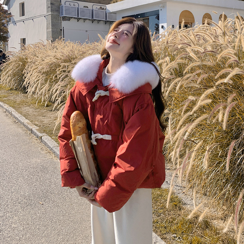 2C1`77-916-P255-K328红色大毛领连帽牛角扣羽绒服新款,女装羽绒服,2C177