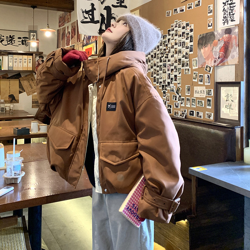 咖色工装羽绒棉服女短款2024冬季新款高级感小个子加厚棉衣棉袄潮,女装短外套,2C088