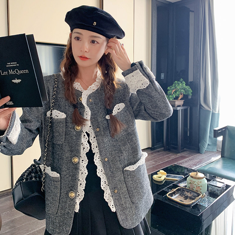 千金风高级感蕾丝花边拼接小香风外套女2024秋季新款设计感小个子,女装短外套,2C299