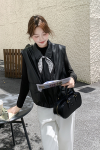 黑色减龄甜酷翻领皮衣马甲外套女2025新款秋季高级感淡人pu皮夹克图片