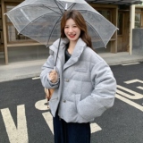 高级感灰色立领面包服羽绒服女冬季短款加厚保暖90白鸭绒宽松外套，女装羽绒服，2C166