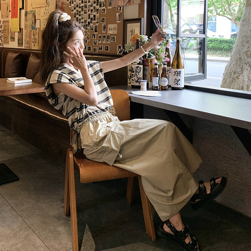 酷飒拽姐套装裙女2025夏季新款休闲条纹无袖上衣工装半身裙两件套,女装套装/套裙,2C166