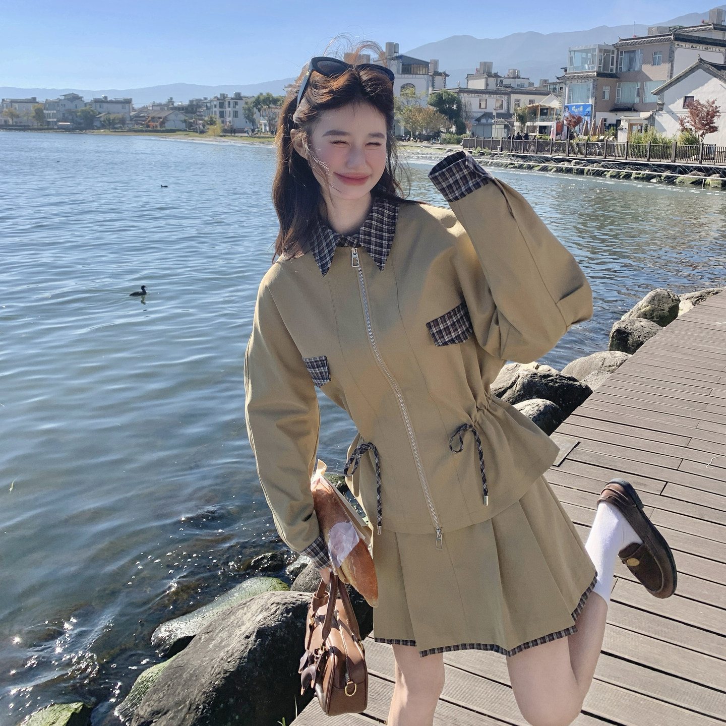 设计款新款拼格抽绳显瘦两件套2B115-2601-P215-K348,女装套装/套裙,2B115