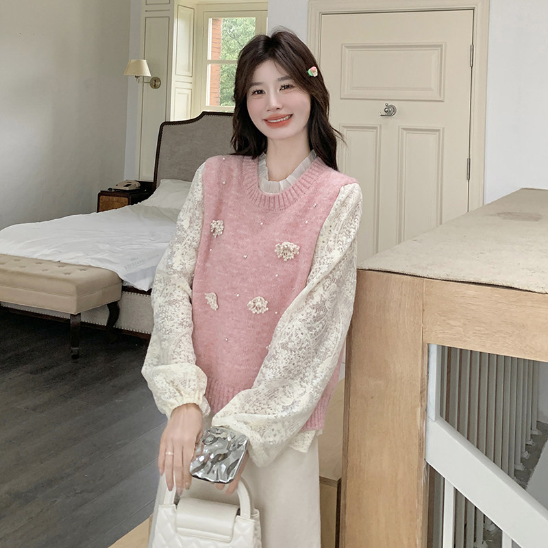 韩系甜美套装女2026春新款粉色钩花针织马甲蕾丝打底衫两件套,女装套装/套裙,2C166