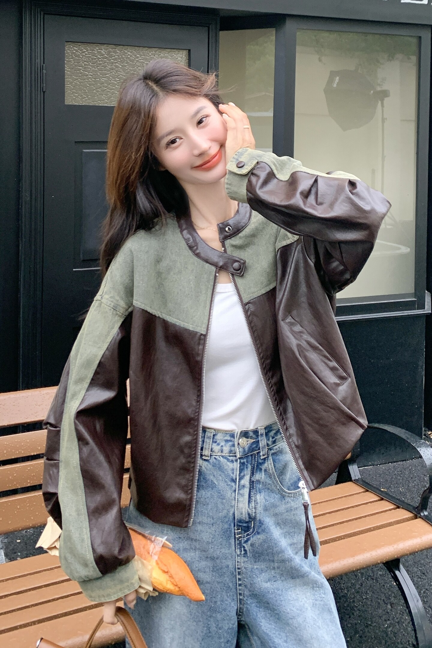 现货牛仔拼皮短外套2C117-1802P155K228,女装短外套,2C117