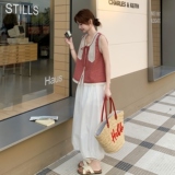 韩版甜美镂空蕾丝花边背心套装女2025年夏季新款显瘦阔腿裤两件套，女装套装/套裙，2C203