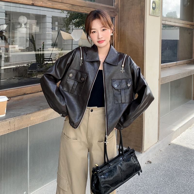美式复古黑色皮衣外套女2025秋季新款高级感气质机车服夹克上衣潮,女装皮衣,安在秀