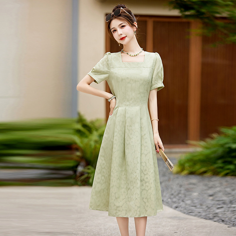 热卖加推！方领提花连衣裙女夏2025年新款收腰显瘦减龄，女装连衣裙，吾爱衣,女装连衣裙,吾爱衣