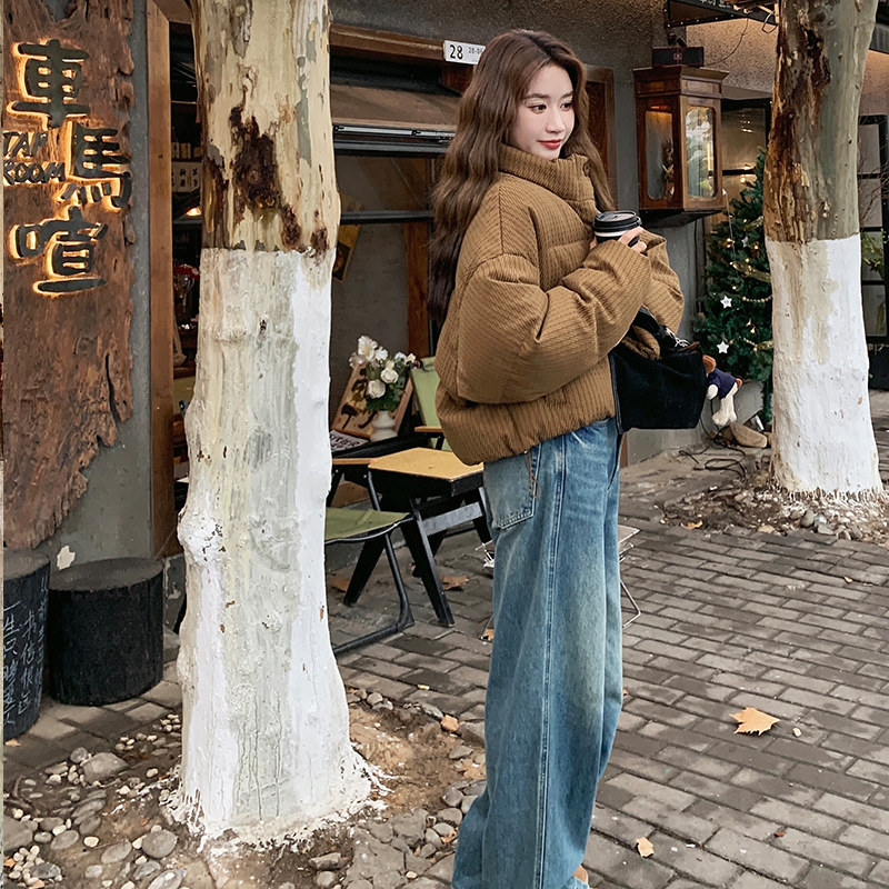 独特超好看肌理感立领短款肯豆羽绒服女冬美拉德咖色条纹小众外套图片