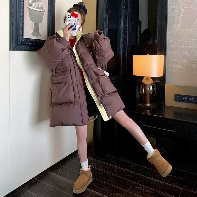 撞色连帽羽绒服女冬季新款爆款抽绳收腰小个子加厚90白鸭绒外套,女装羽绒服,2C139