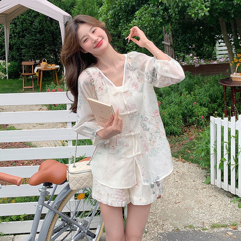 新中式国风短裤套装女夏高级感减龄休闲显瘦刺绣防晒小衫两件套图片