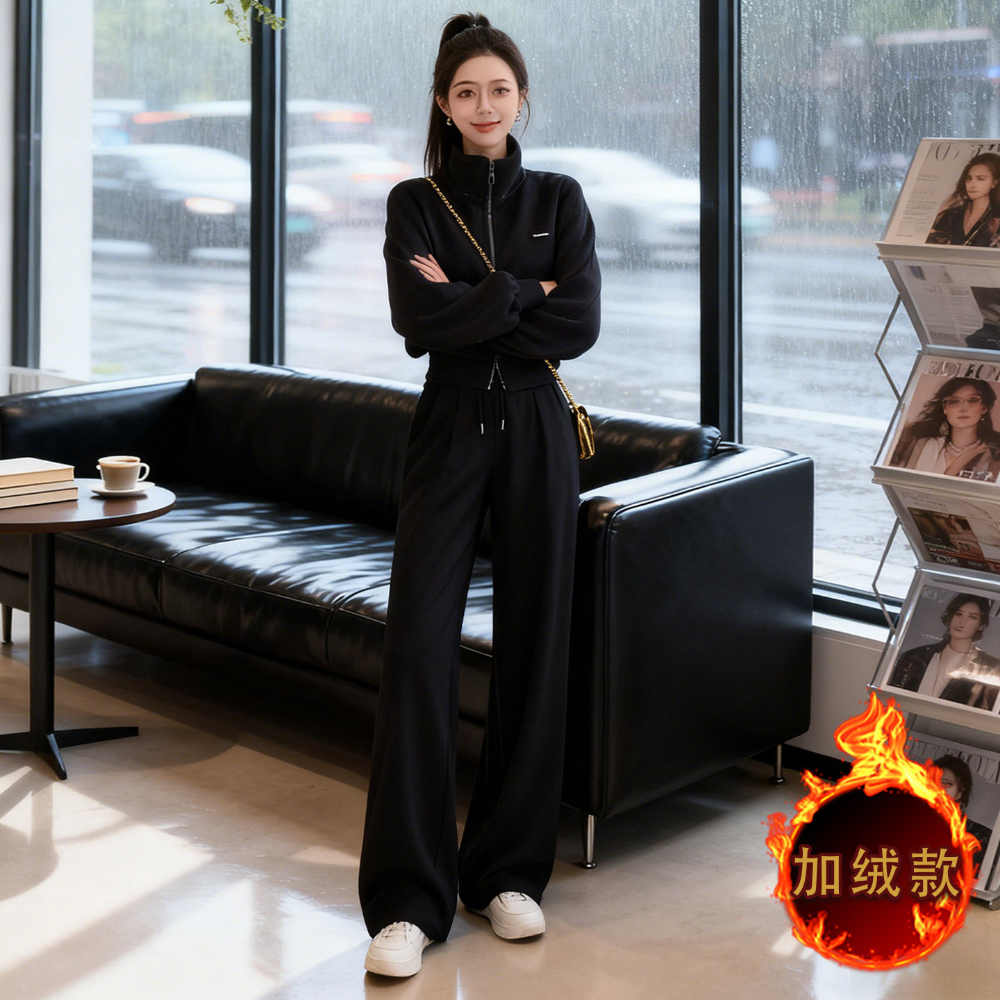 休闲运动套装女秋冬款韩版宽松显瘦双头拉链开衫外套阔腿裤两件套,女装套装/套裙,2C310