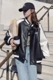 黑色pu皮棒球服棉服外套女2023冬季新款美式小个子炸街加厚短棉袄，女装皮衣，2C226