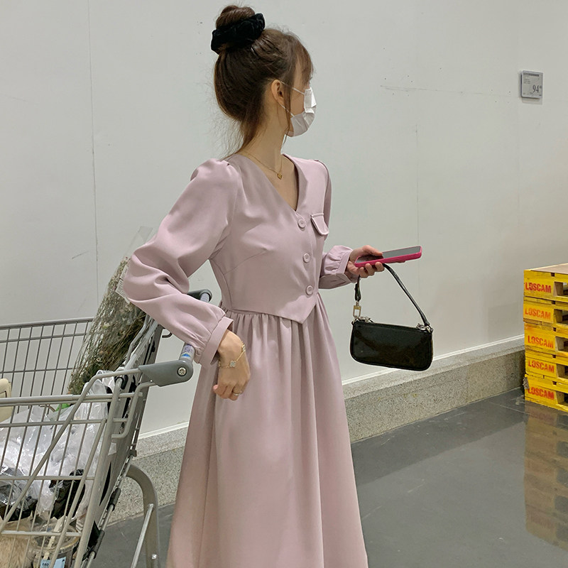 法式减龄V领粉色连衣裙女2024春秋新款小个子宽松显瘦A字中长款裙,女装连衣裙,2C057