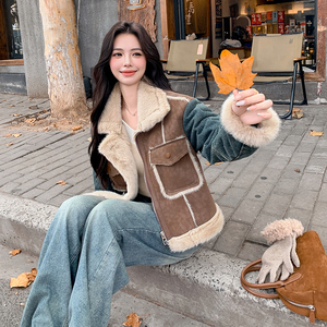 港风复古牛仔拼接皮毛一体外套女2025年冬季新款显瘦加厚棉衣棉袄图片