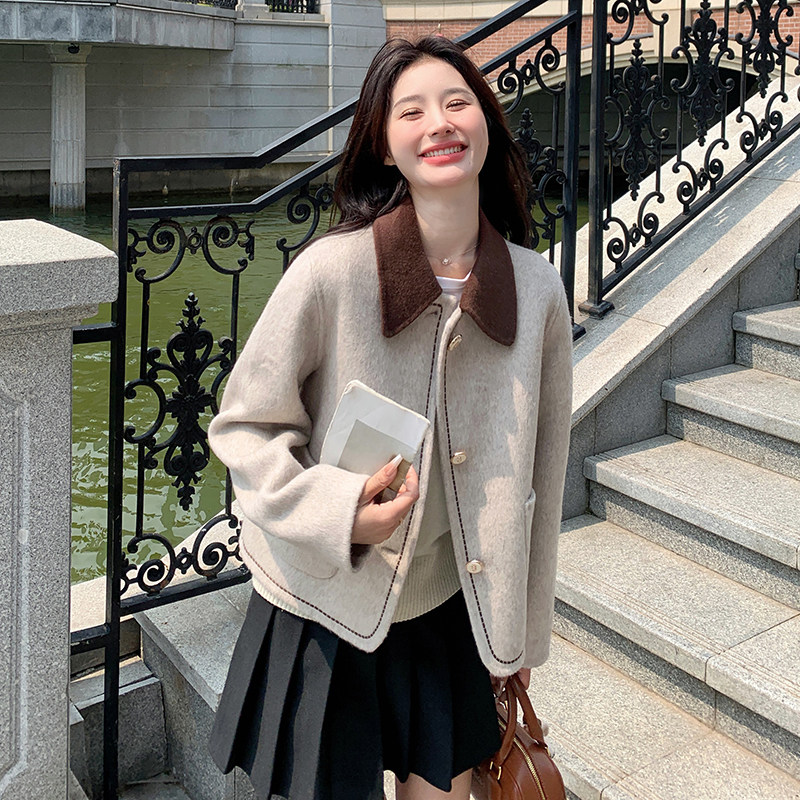 【现货】羊毛拼色双面呢羊绒大衣毛呢外套女短款P240K328,女装毛呢外套,2C320