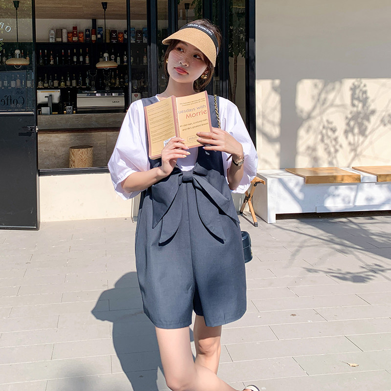 多巴胺奶系蝴蝶结背带裤套装女夏2025新款网红炸街减龄短裤两件套,女装套装/套裙,2C098