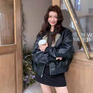 两面穿黑色连帽皮衣外套女春秋小个子高级感穿搭复古工装机车夹克图片