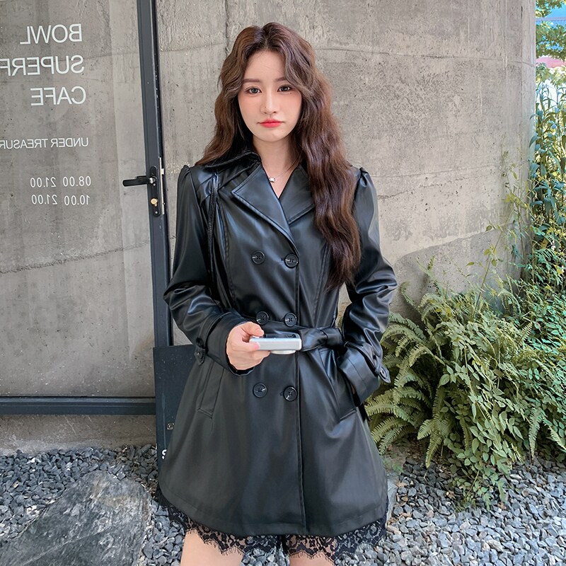 黑色甜酷机车风女神范皮衣外套女2025秋新款百搭收腰系带PU皮夹克,女装皮衣,2D036