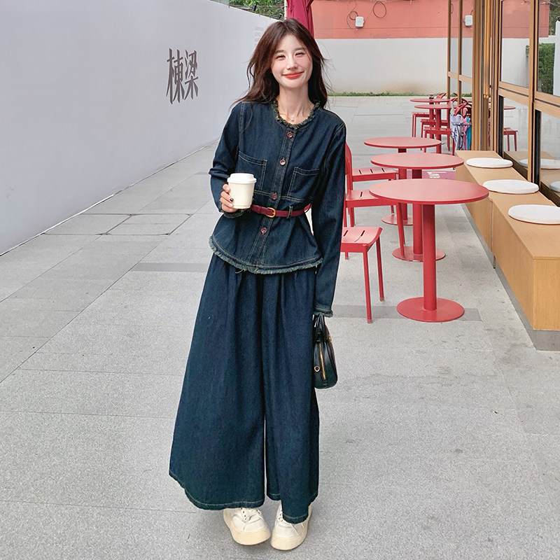 韩版时尚做旧毛边牛仔套装女2025春秋季新款显瘦高腰阔腿裤两件套图片