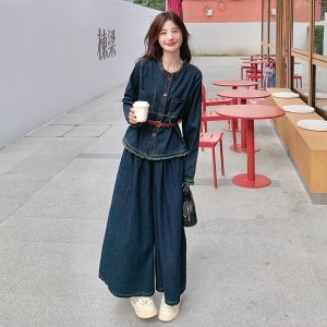 韩版时尚做旧毛边牛仔套装女2025春秋季新款显瘦高腰阔腿裤两件套图片
