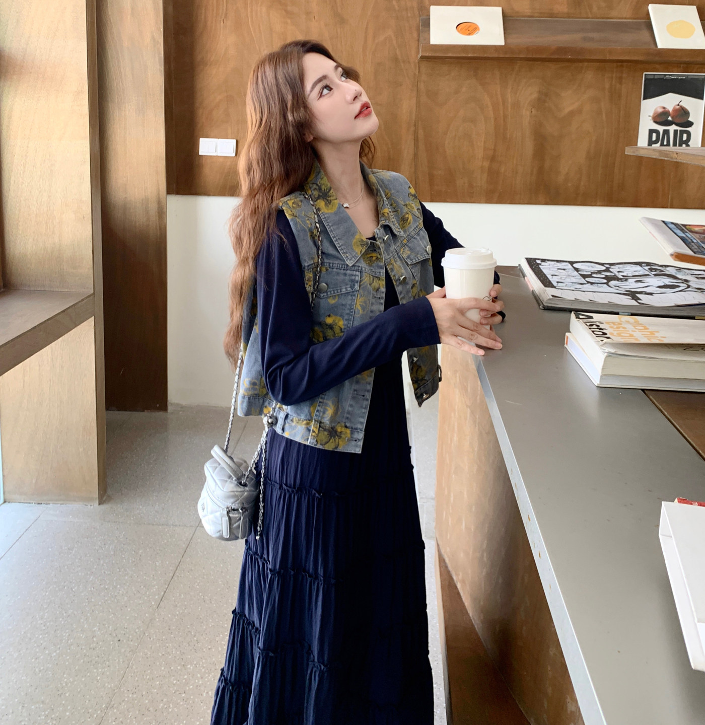 牛仔印花马甲套装裙女2025秋季新款韩系氛围感穿搭气质长裙两件套,女装套装/套裙,2C266