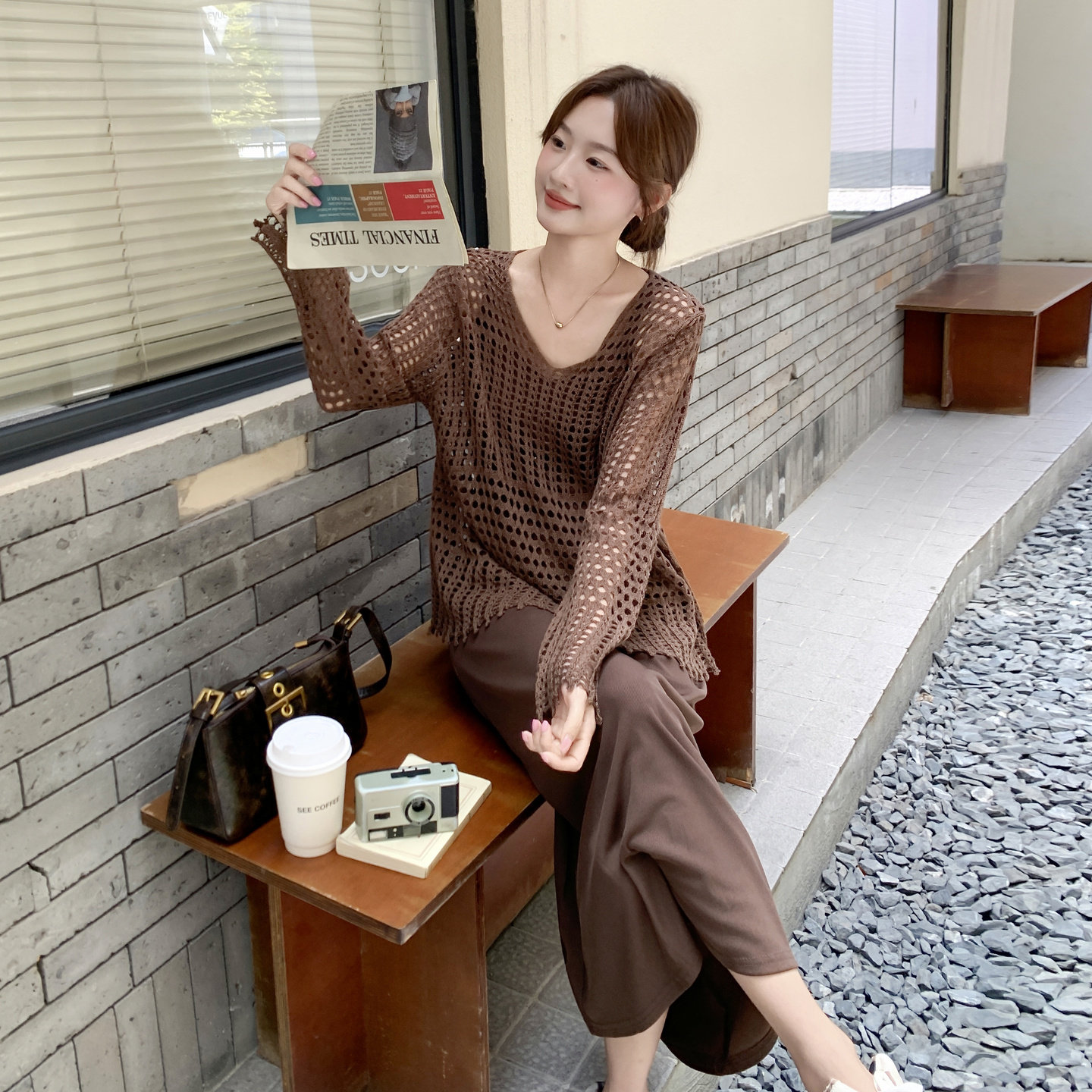 时尚套装女镂空针织衫吊带连衣裙春秋装搭配罩衫两件套装裙,女装连衣裙,2C166