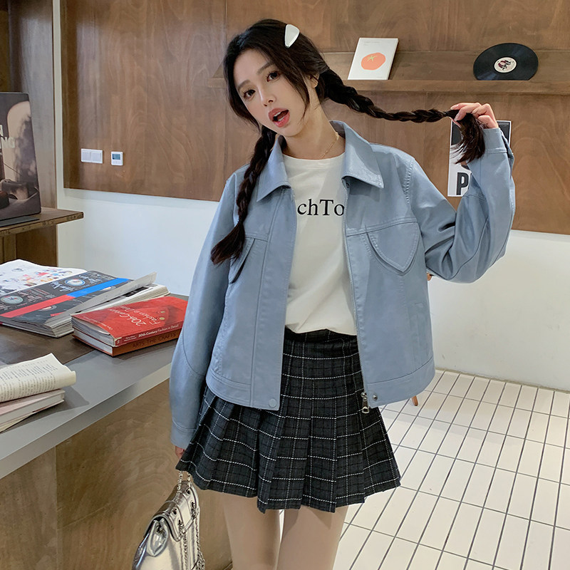 浅蓝色复古翻领PU皮衣外套女2025春秋季新款韩版减龄休闲夹克上衣,女装皮衣,2C233