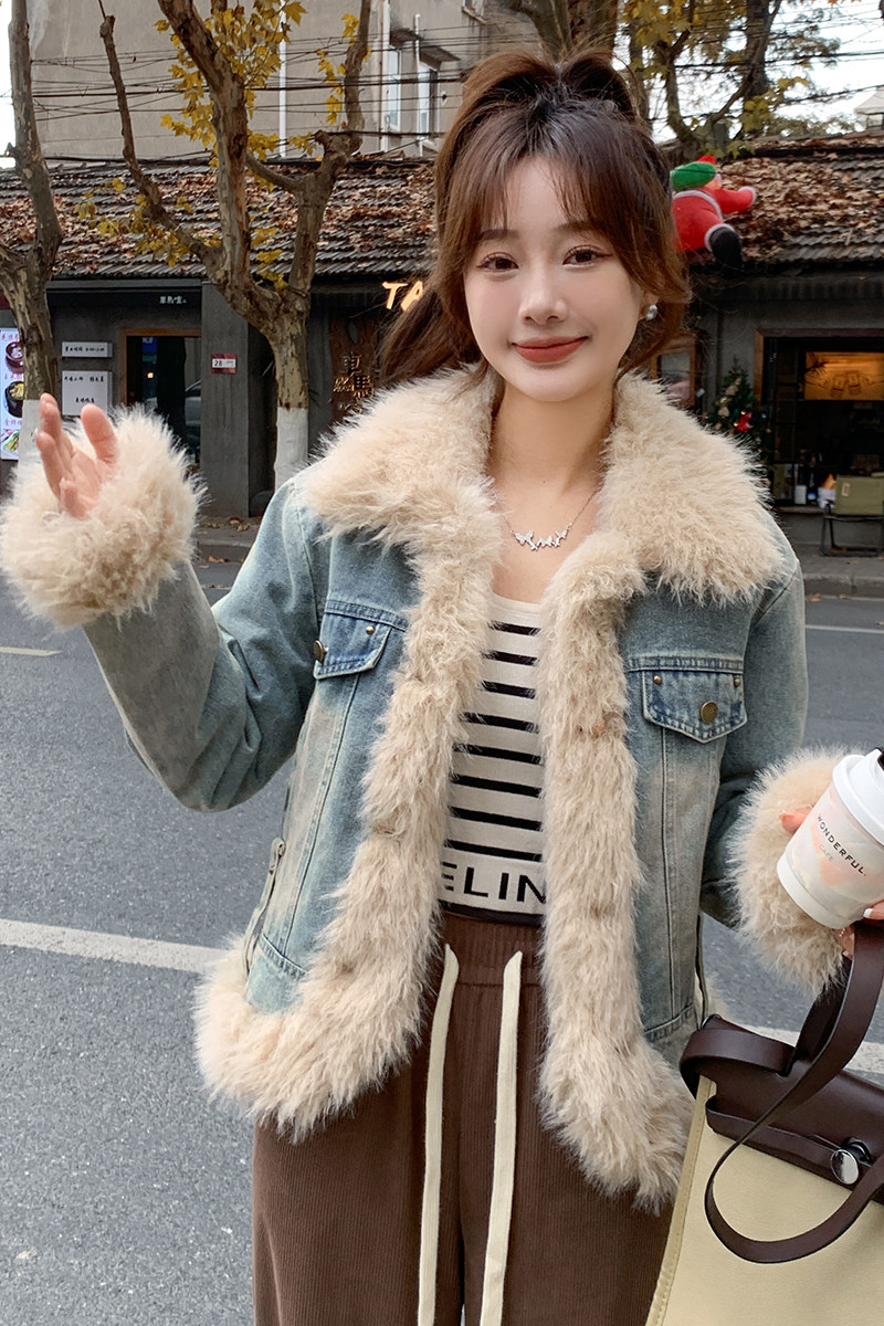 现货牛仔拼接羊卷毛加厚白鸭绒外套2c057-A23-P265-K389,女装羽绒服,2C057