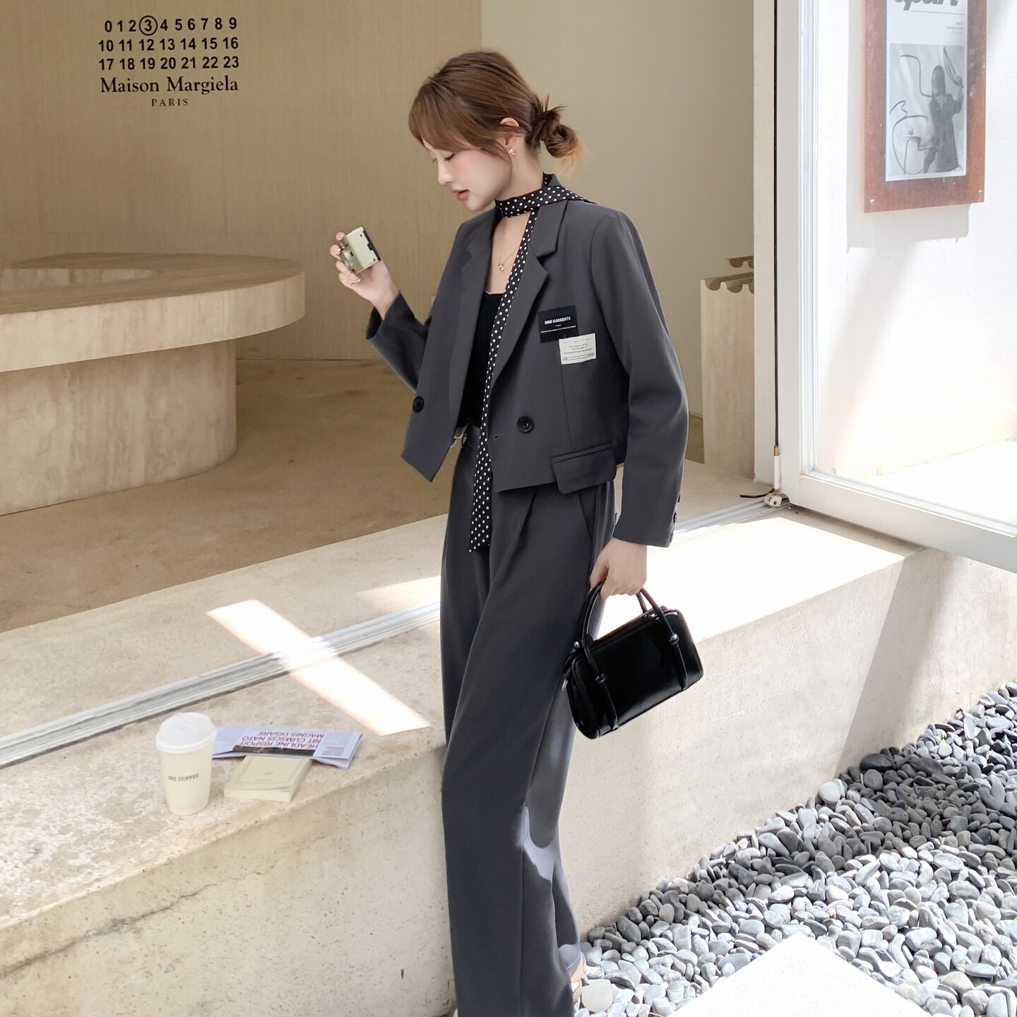灰色气质学院风小西装外套阔腿裤套装两件套女早秋高级感女神范,女装套装/套裙,2C236