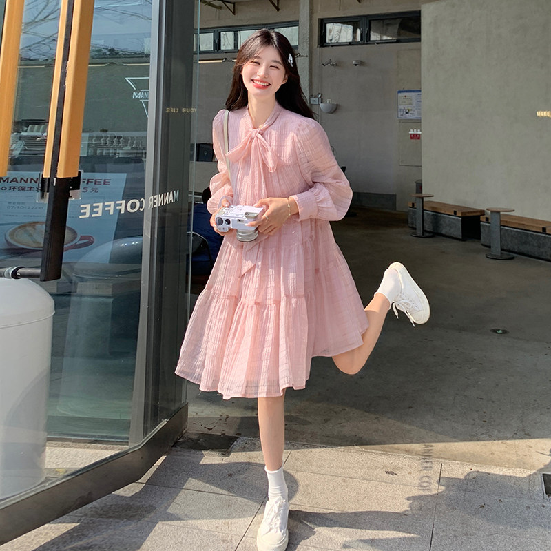 套头中长裙长袖蝴蝶结飘带连衣裙甜美中长款宽松洋气时尚长裙显瘦,女装连衣裙,2C113